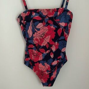 Kona Sol Blue/Salmon Floral Print One Piece Bathing Suit sz S